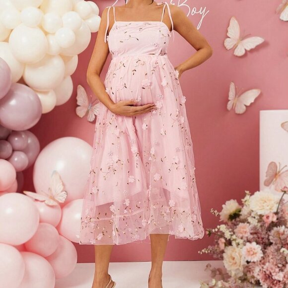 Pink Boho Women's Pregnant Bow Shoulder Strap Elegant Long Dress - Picture 4 of 6